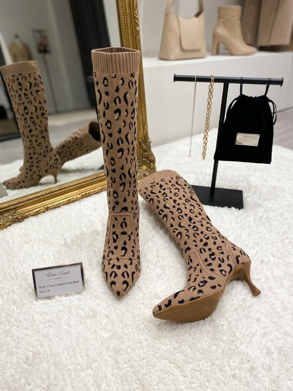 Cosy Island Leopard Print Knit Kitten Heel Boots: